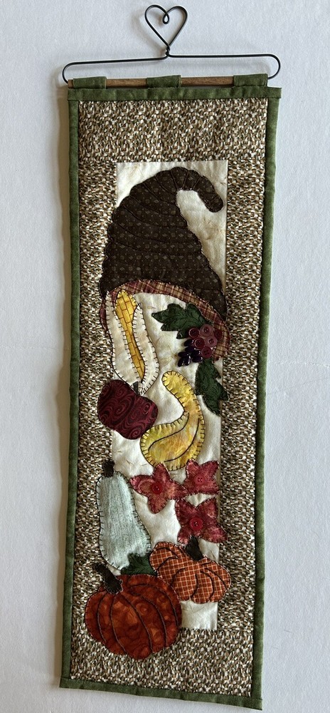 Hand Stitched Details On Fabric Fall Wall Hanging Cornucopia With Squash