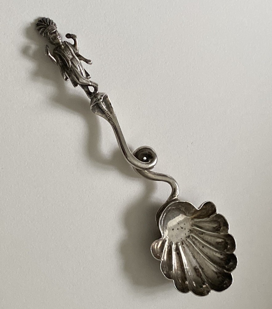 Antique Solid Silver SHIVA SNAKE CHARMER FIGURAL SPOON - SHELL BOWL (5H11)