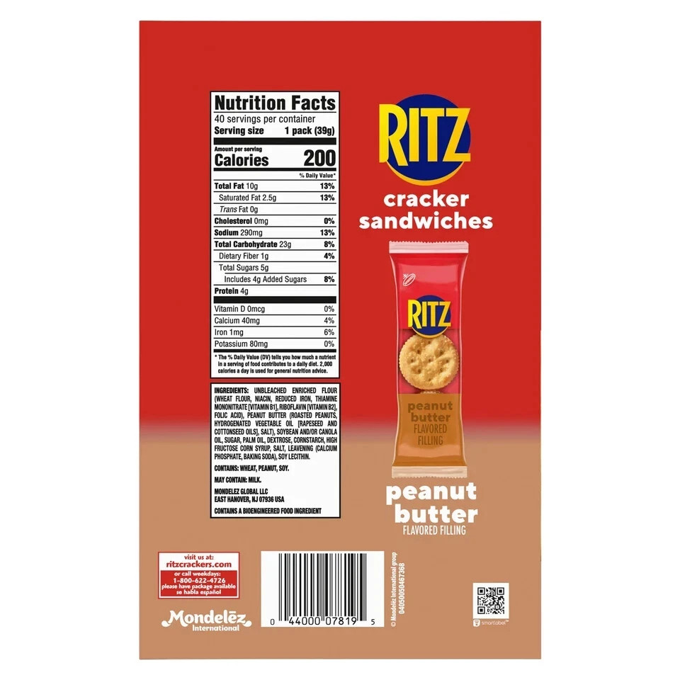 RITZ Cracker Sandwiches, Real Peanut Butter, 40-count