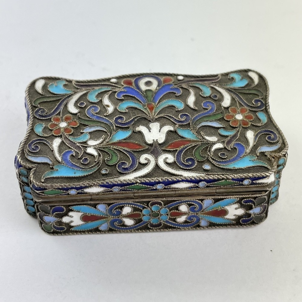Antique Russian Solid Silver & Blue White & Red Enamel Trinket Box НЗ 6.6cm