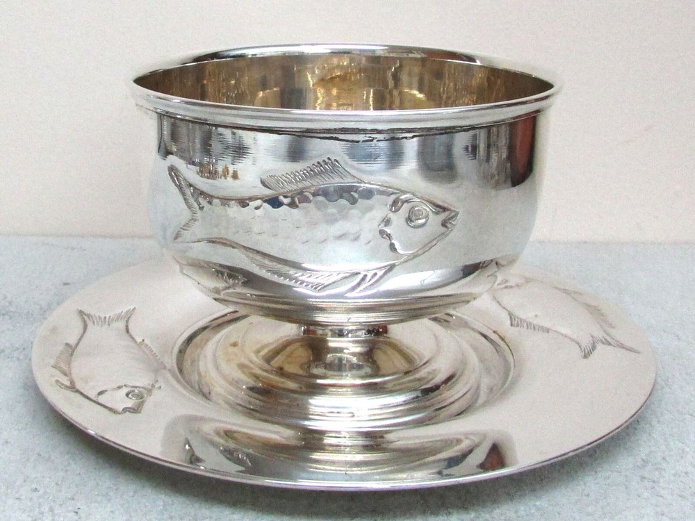 FABULOUS VINTAGE ITALIAN SILVER FISH PATTERN BOWL & UNDER DISH TABLEWARE