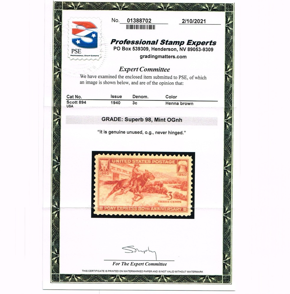 EXCEPTIONAL GENUINE SCOTT #894 MINT PRISTINE OG NH PSE CERT GRADED SUPERB 98