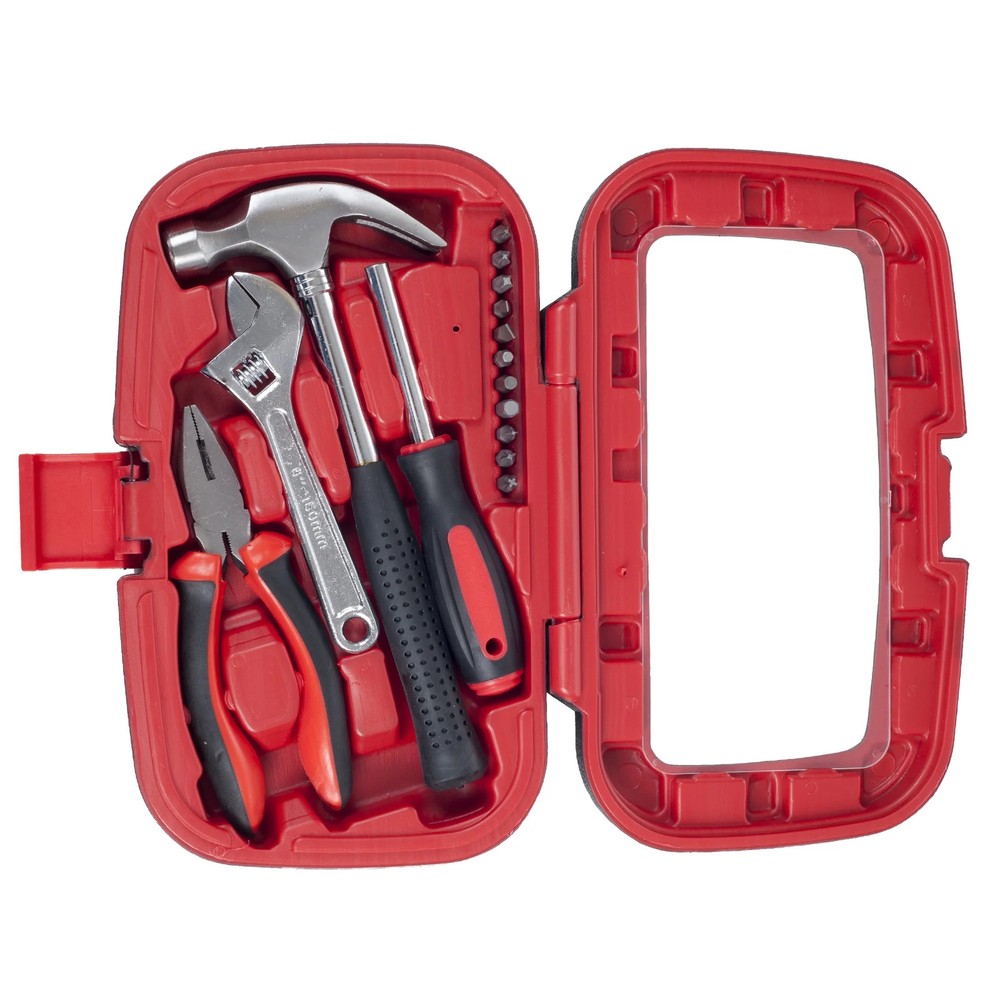 Stalwart 15PC Tool Set with Hammer, Multi-Bit Screwdriver, and More (Red)