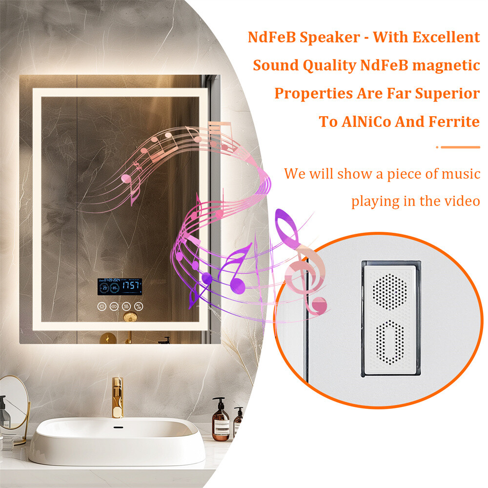 Anti-fog LED Lighted Bathroom Mirror with Bluetooth Speaker Front-lit Backlight