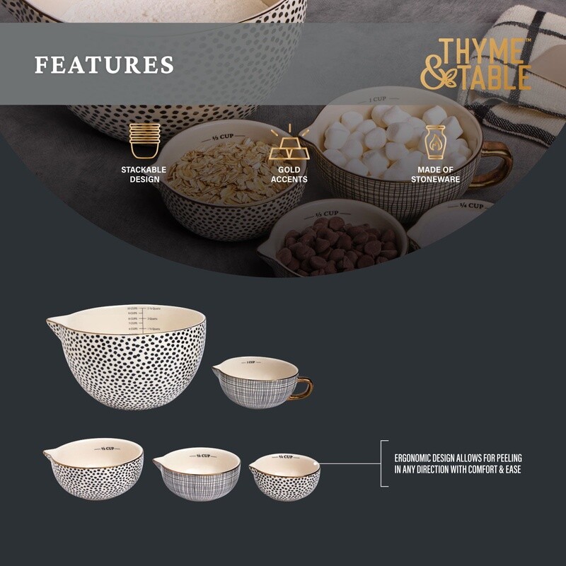 5 Piece Ceramic Mixing Bowl Set Measuring Cups Dot Pattern Kitchen Tools New