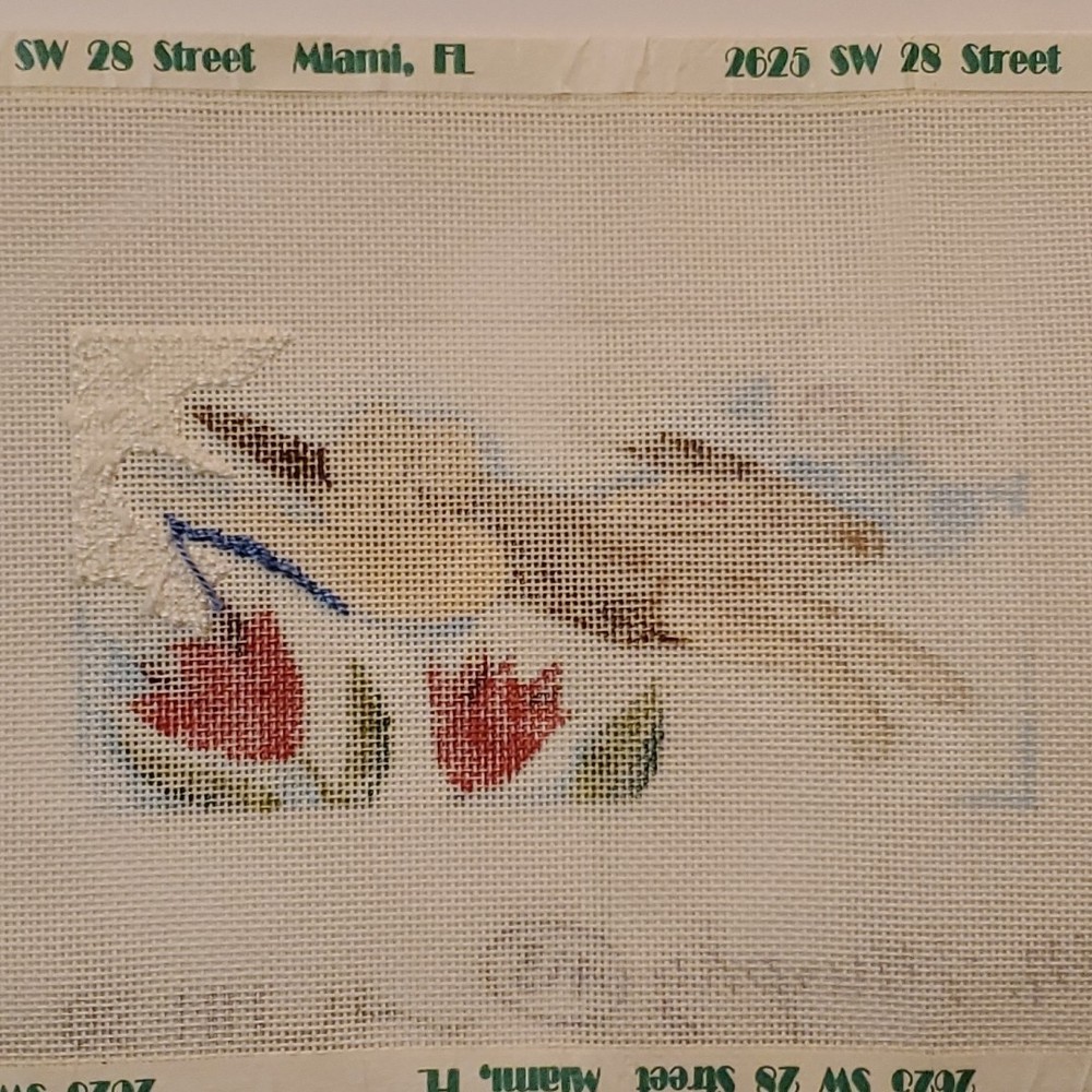 Martha Murphy handpainted needlepoint bunny rabbit jumping tulips STARTED