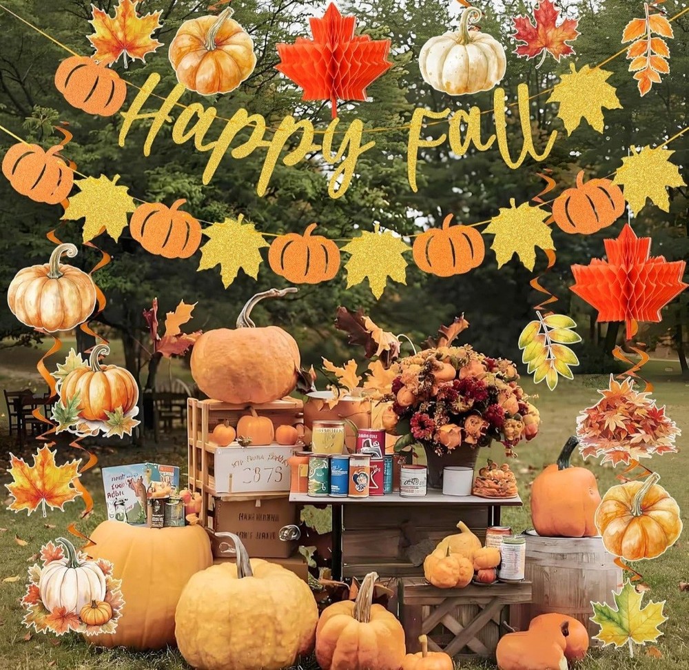 Autumn Banner, Happy Fall Party Decorations Pumpkin Maple Leaf Hanging