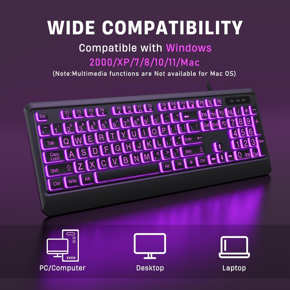Large Print Backlit Computer Keyboards, 7 Colors Backlight USB Keyboard, Plug...