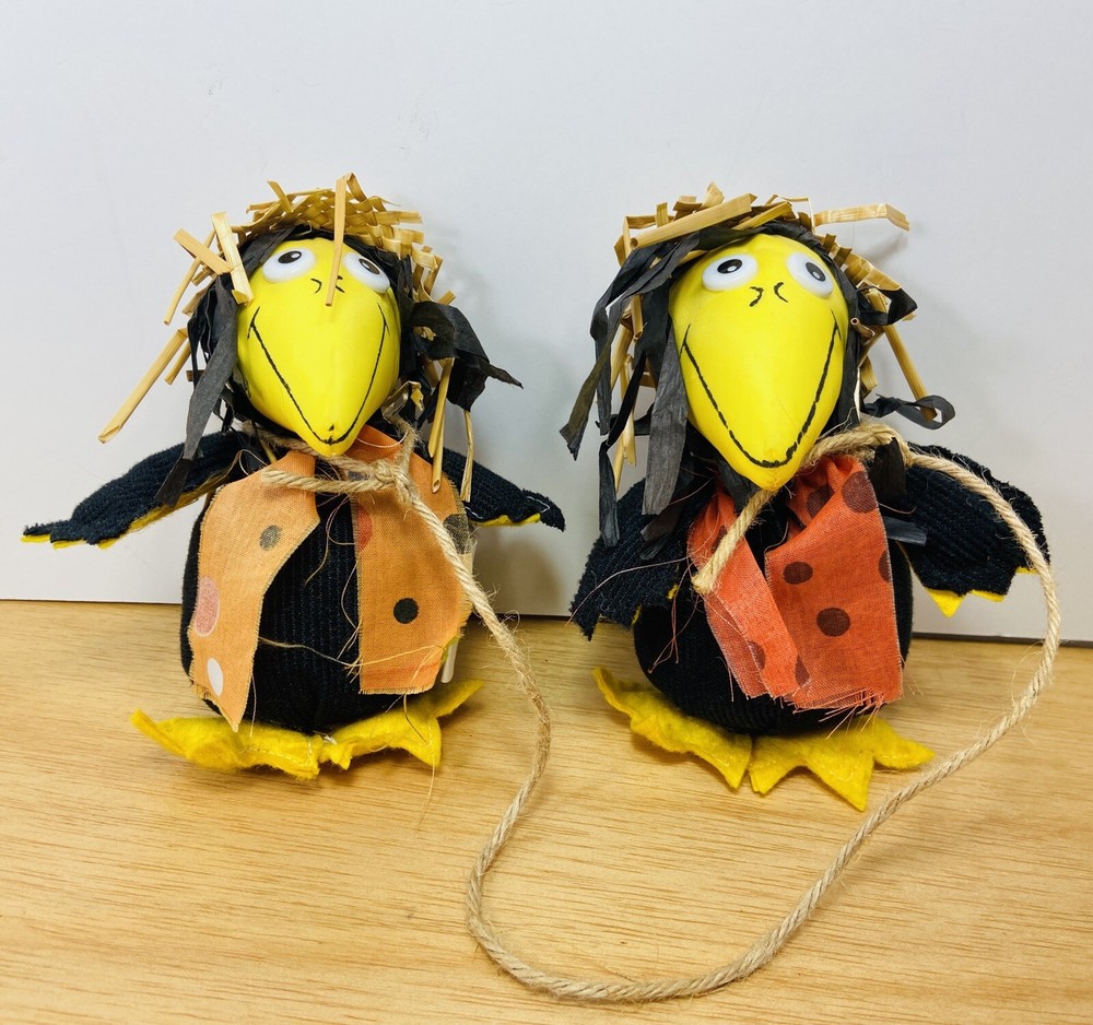 Stuffed Black Crows with Straw Hats Whimsical Fall Decoration halloween