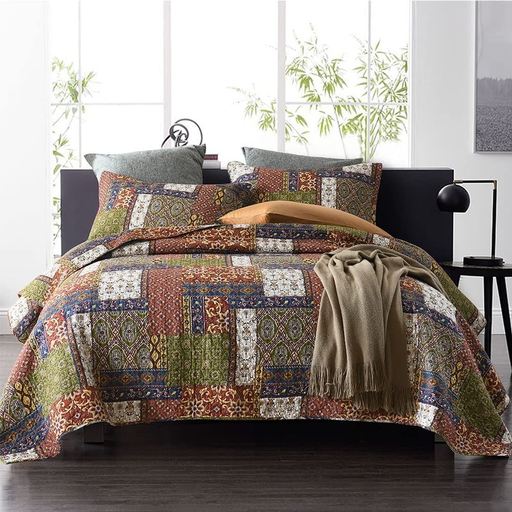 Cotton Bedspread Quilt Sets Reversible Bedding Coverlet Sets Comforter Patchw...