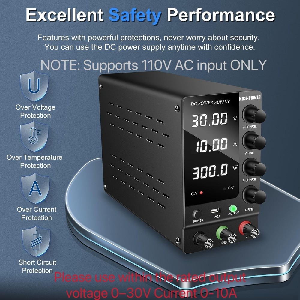 Regulated DC Power Supply 30V 10A: 4-Digit Display, USB, Stable Output Switch