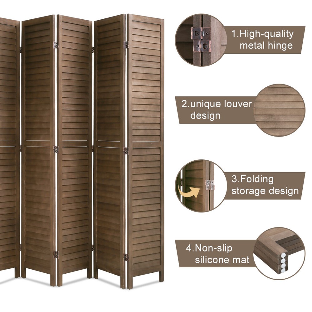 6 Panel Wood Room Divider, Privacy Wall Divider Folding Wood Screen Panel, Brown