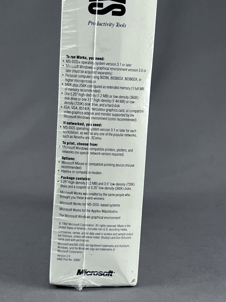 Genuine 1991 MICROSOFT WORKS Version 2.0 Complete Box Set Sealed + Discs (S6)