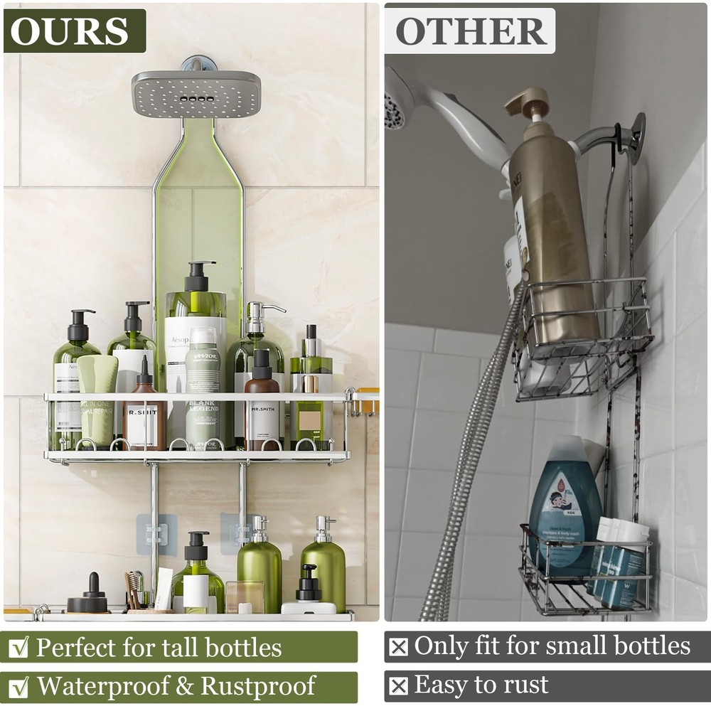 Skyapex Adjustable Rustproof Shower Caddy - Hooks, 2 Soap Holders, Silver