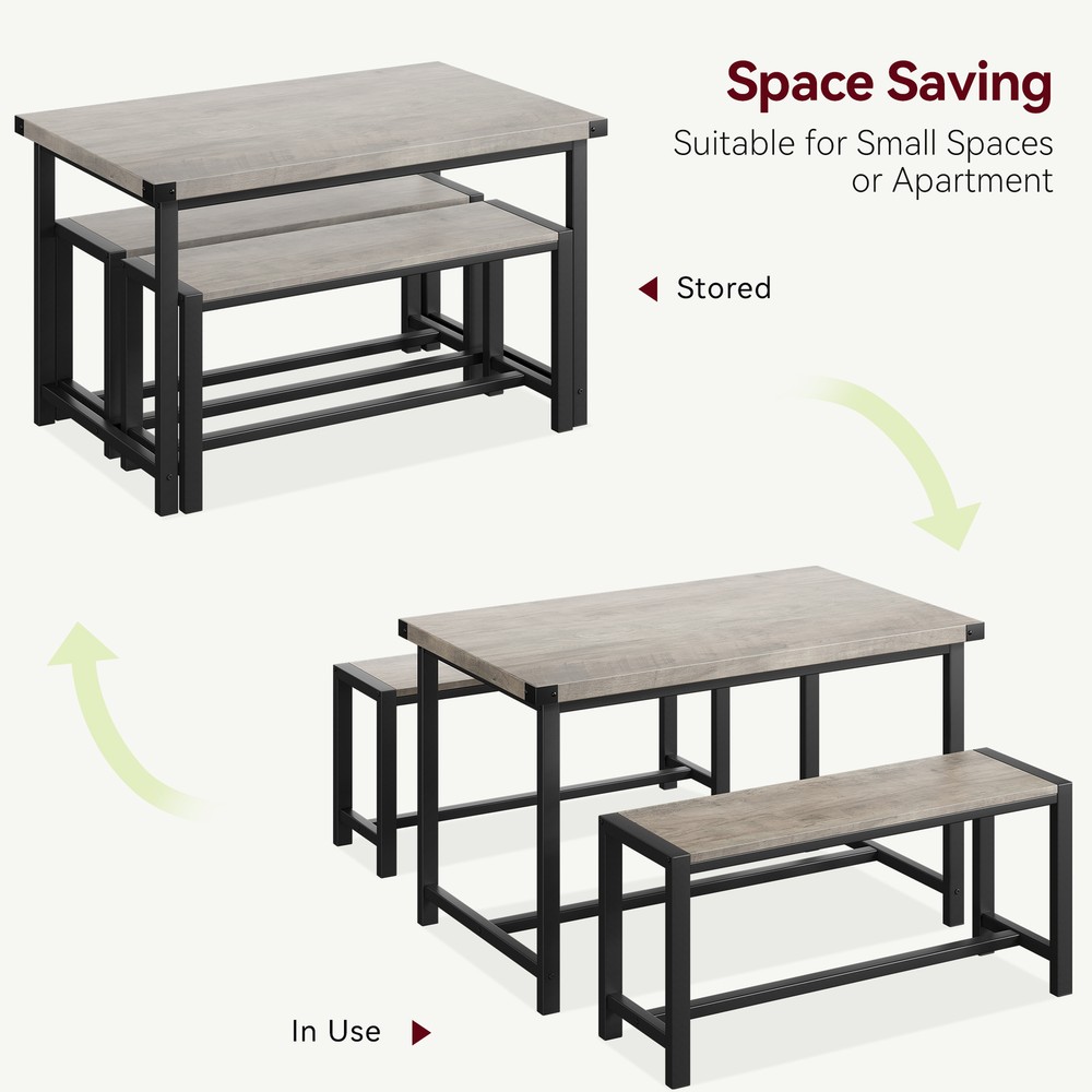 3-Pieces Dining Table Set for 4, Kitchen Table with 2 Benches, for Small Space
