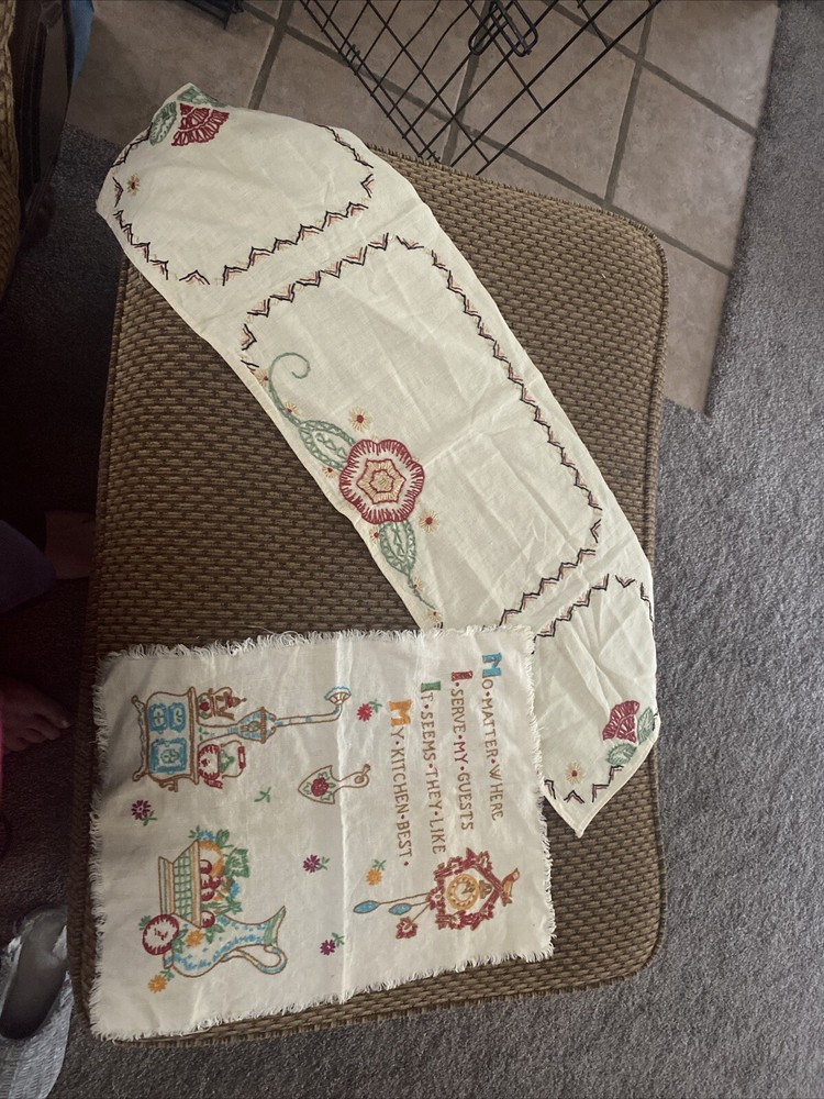 Embroidered Table Runner & Kitchen Wall Piece, Unfinished 2 Pc Linens Handmade