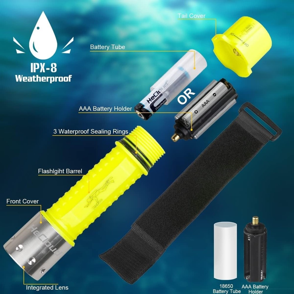 Diving Flashlight with Rechargeable Power Scuba Dive Light Waterproof Underwa...