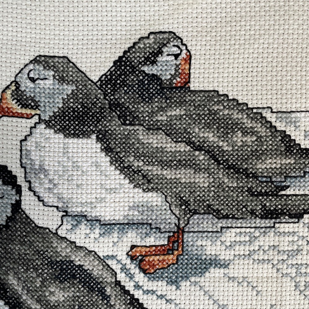 Finished Cross Stitch Puffins Unframed