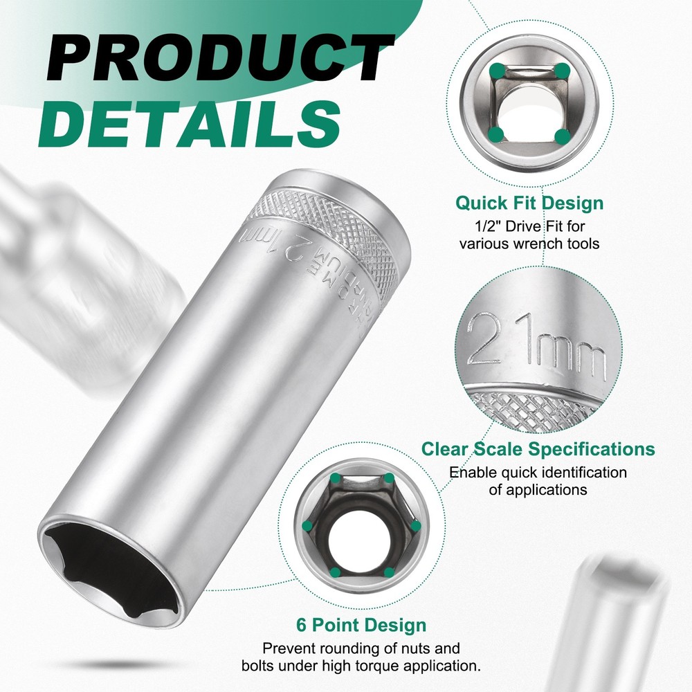 6 Points Deep Socket 1/2" Drive 21mm Nickel Plating Hex Socket 3.1" Long