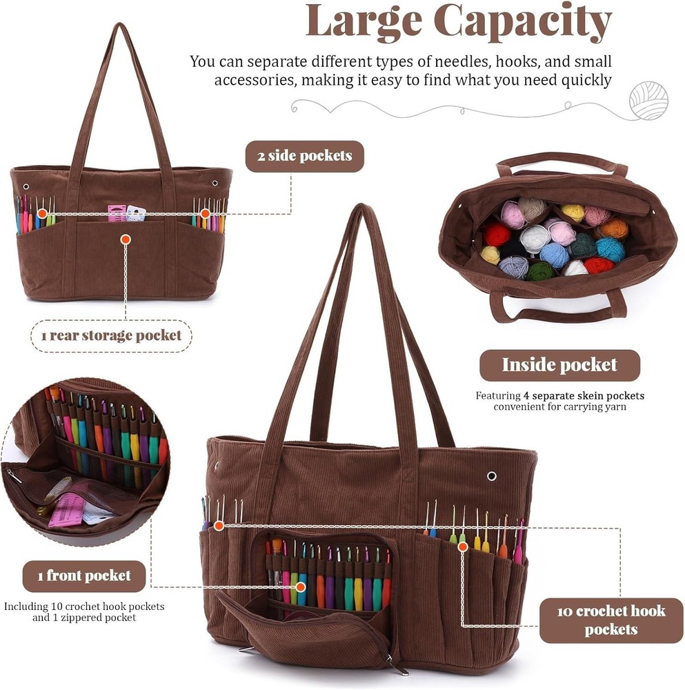 Large Yarn Organizer Bag with Protective Lining for Crochet Tools and Projects