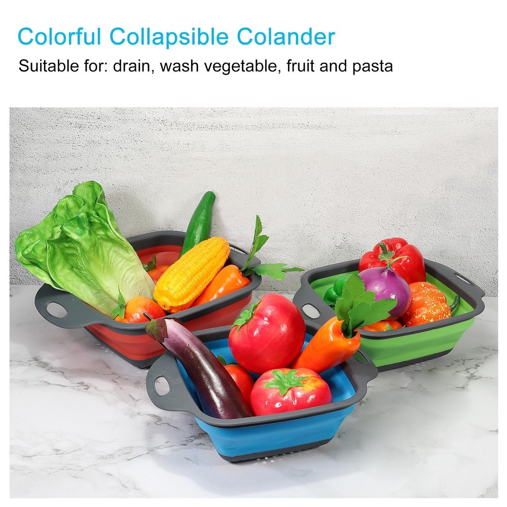 Collapsible Colander Set, 2 Pcs Silicone Square Foldable Strainer - Green Small