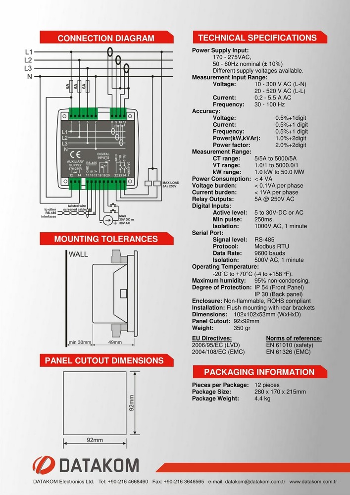 DATAKOM DKM-409 Network Analyzer Multimeter Panel (3 Phase)