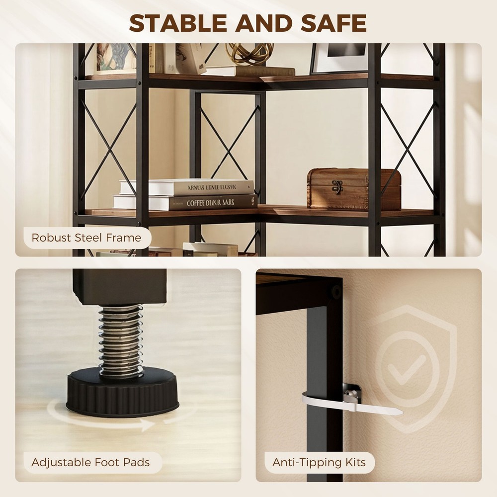 L-Shaped Bookshelf, 5-Tier Corner Bookcase, Rustic Brown