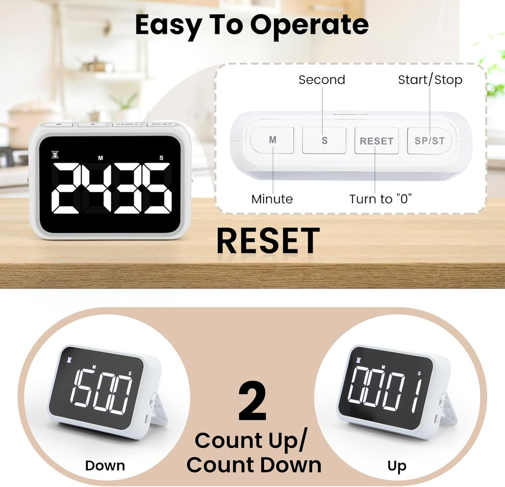 USB Rechargeable Loud Digital Kitchen Timer with Large LCD Display & Adjustable