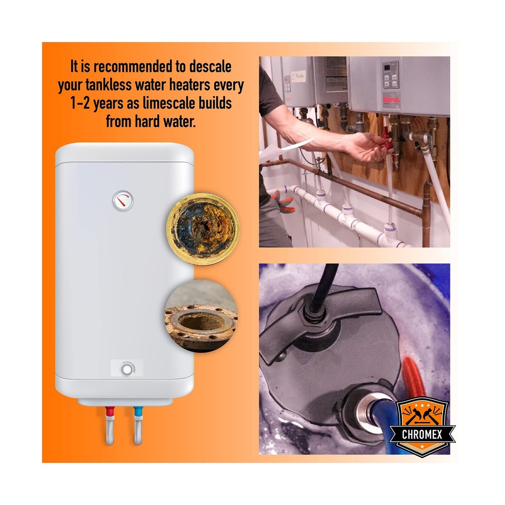 Chromex Tankless Water Heater Flush Kit, Extra Long 12 Ft Hoses with Certifie...