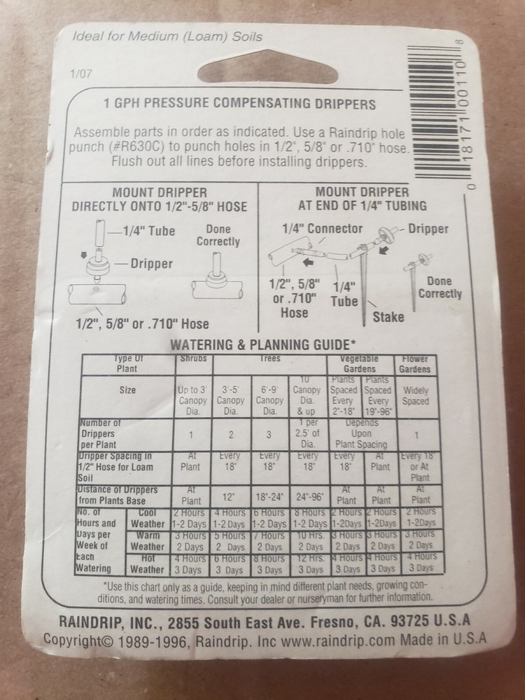 Raindrip Pressure Compensating Dripper 1 Gph Black R110C 10/ card