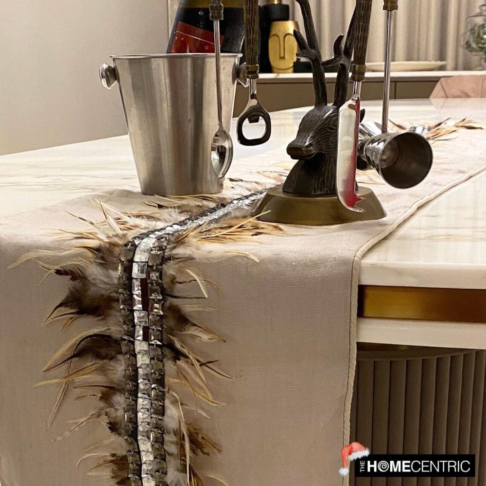 Decorative Table Runner Beige Linen Wedding Décor Table Décor - Feather Dream