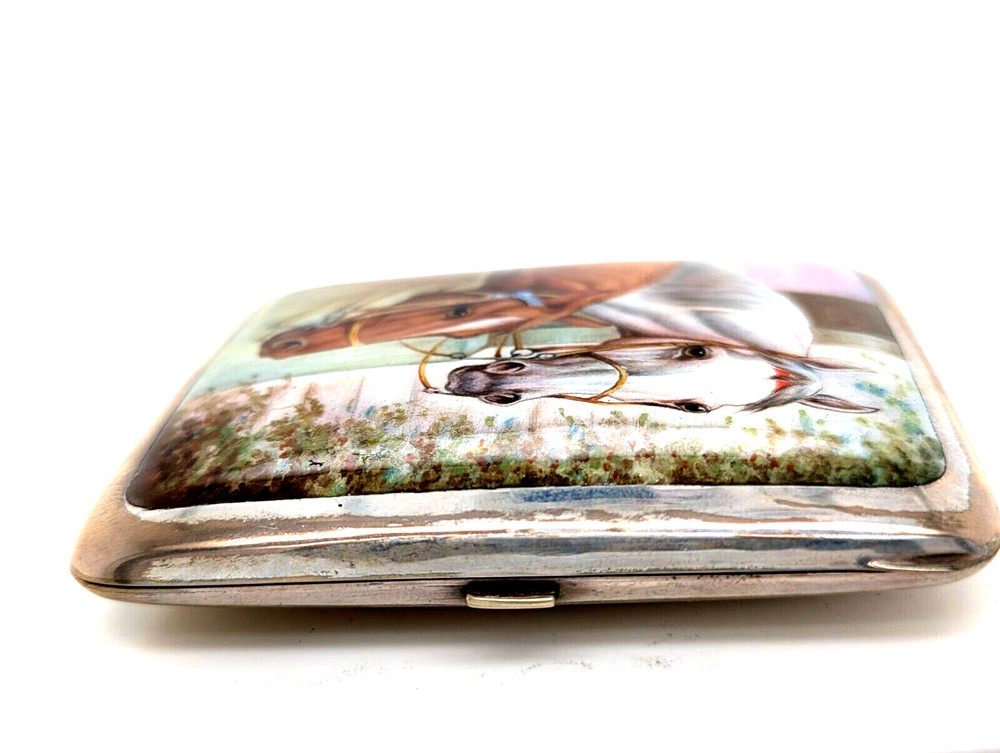Silverplated Cigarette Case with Enamelled Horse Scene