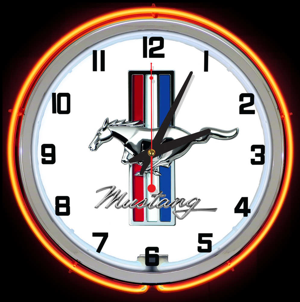 15" Orange Mustang Double Neon Chrome Clock