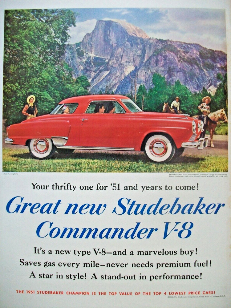 1951 Studebaker Commander large-mag car ad - bullet nose