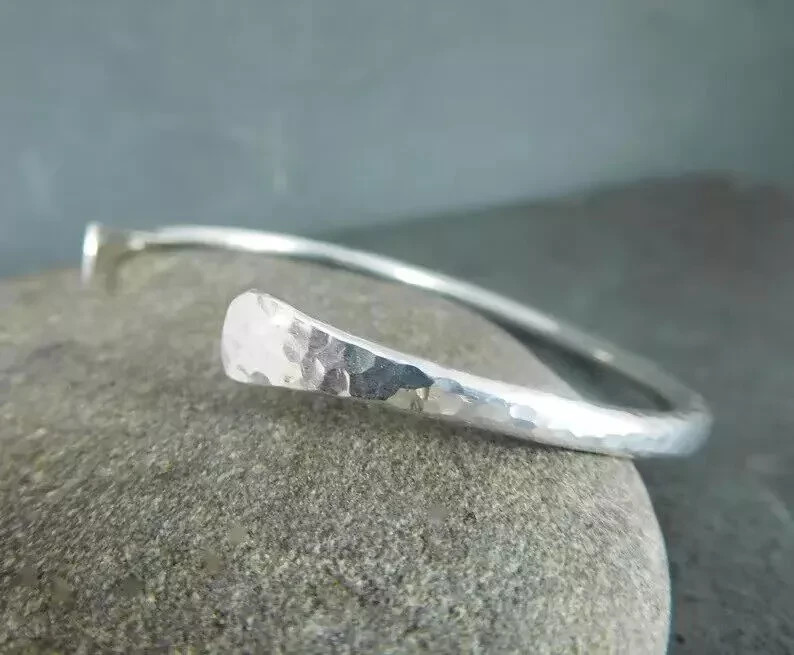Solid Sterling Silver Cuff Bracelet Hammered Adjustable Bangle 925 Simple Silver
