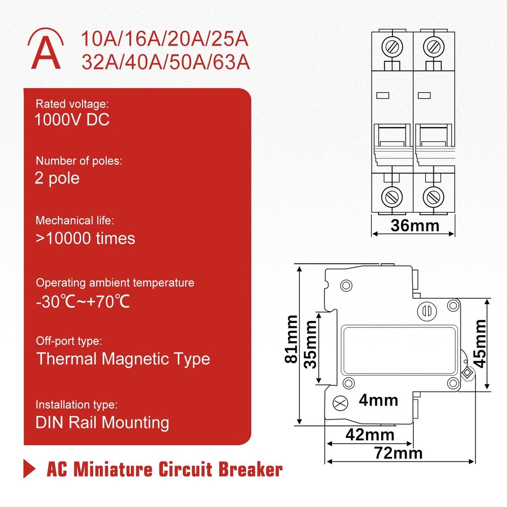 Miniature Circuit Breakers 1000V DC, 25Amp 2Pole Circuit Breaker for Solar ph