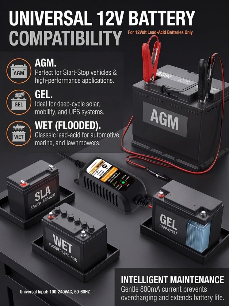 12V 800mA Automatic Battery Charger & Maintainer - Safe & Easy Operation