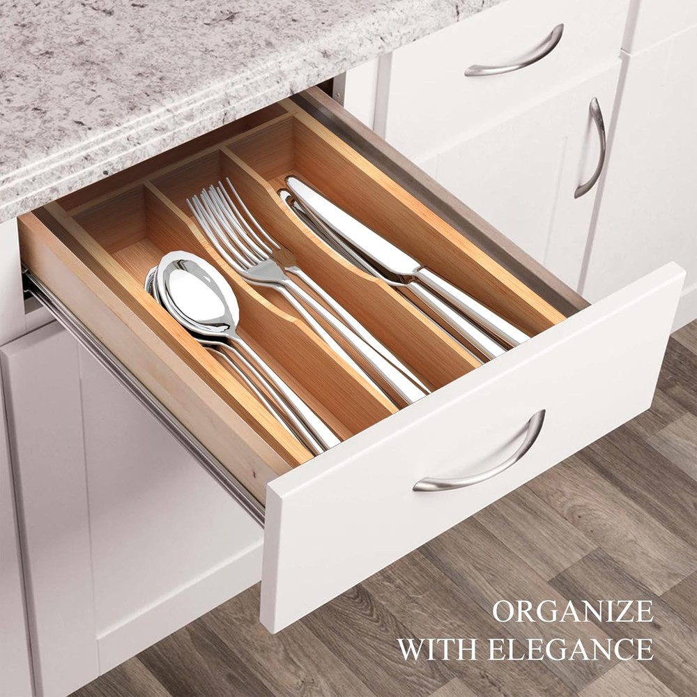 Small Silverware Organizer, Bamboo Kitchen Drawer 12x6.7 Inch, Natural