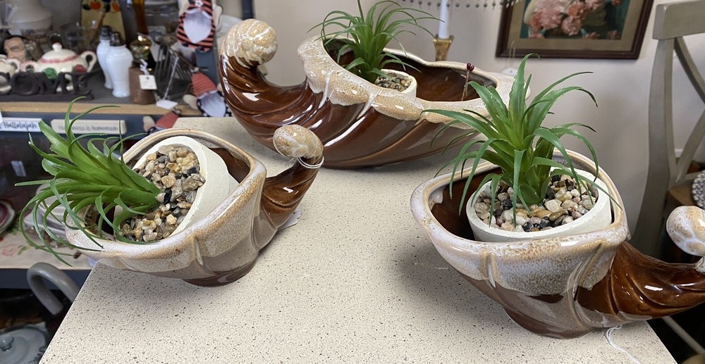 3 Fall Cornucopia Horn drip glaze Brown 12” Large & 2 Smaller Decor Planters