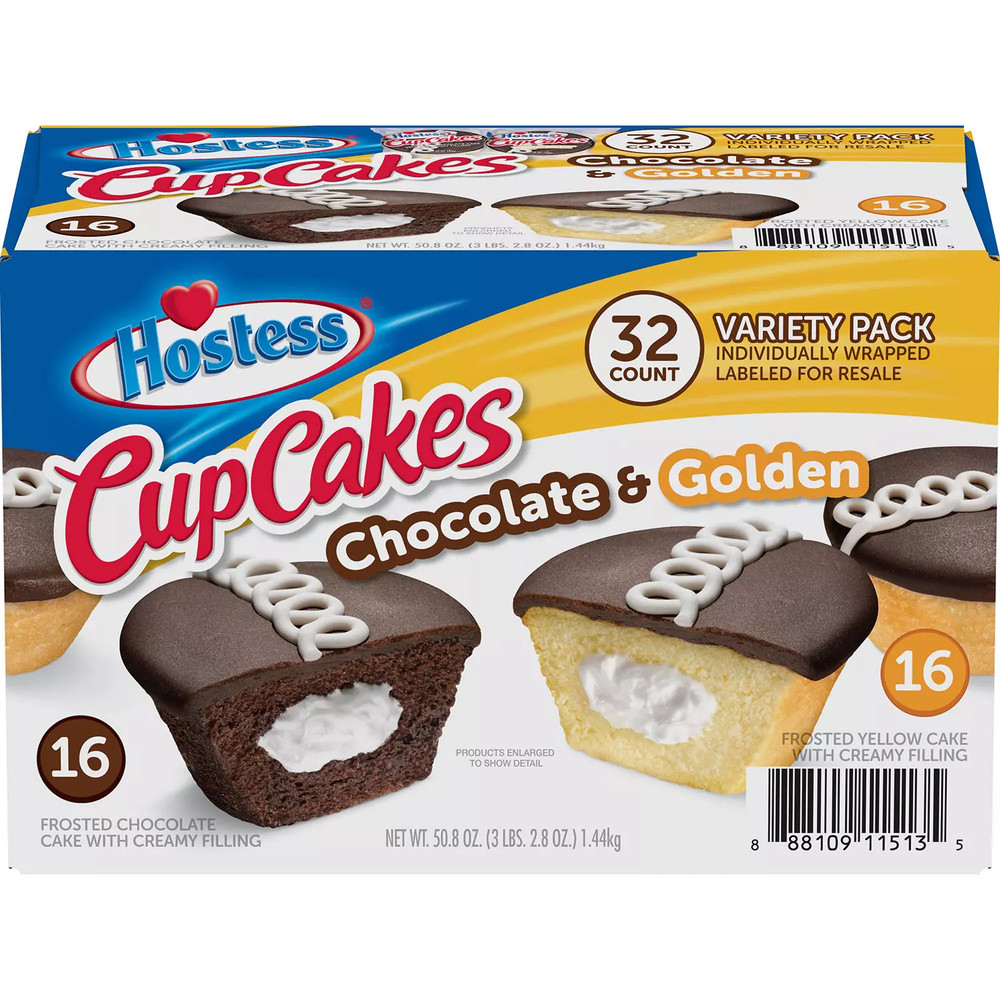 HOSTESS GOLDEN, CHOCOLATE CUPCAKES VARIETY PACK, INDIVIDUALLY WRAP (32 CUPCAKES)