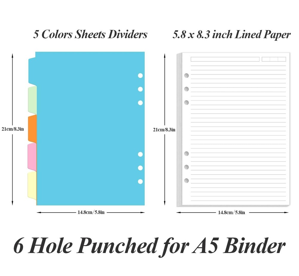 A5 Refill Paper - 6 Hole Planner Inserts for Binder, 200 Pages 6 White