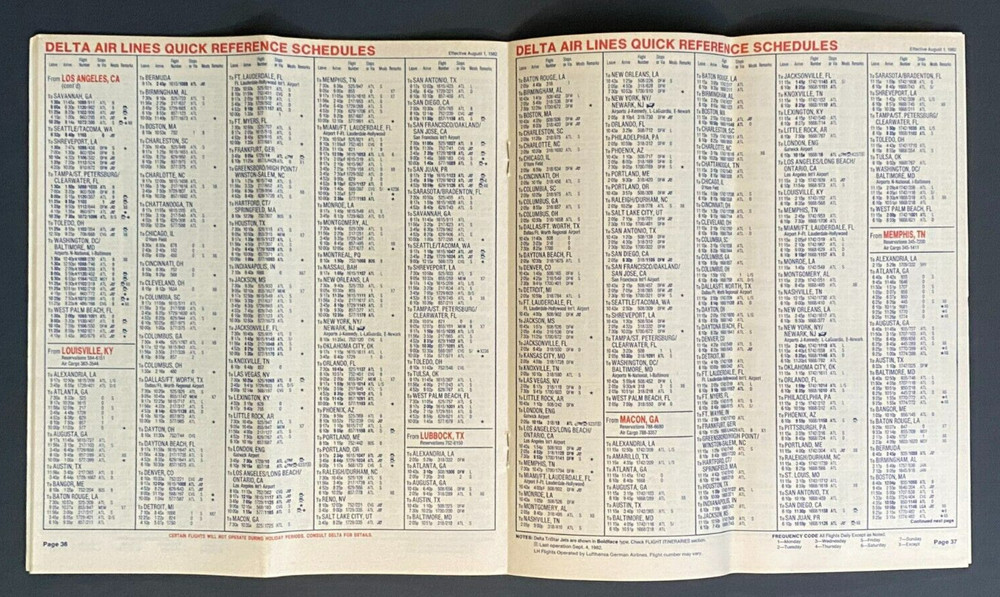Delta Airlines Timetable Effective August 1, 1982