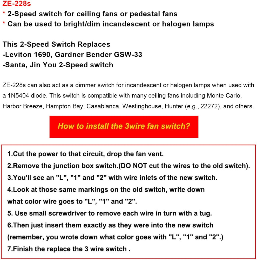 ZE-228s 2 Speed 3 Wire Ceiling Fan Switch Pull Chain Switch Lamps Replacement...