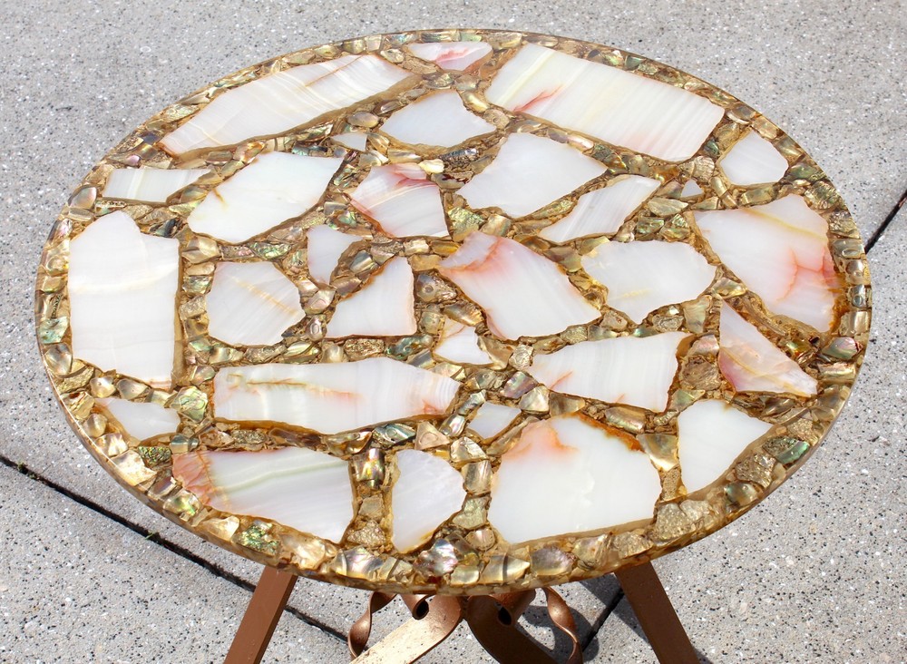 Vintage Agate, Onyx & Abalone Mosaic Side Table with Wrought Iron Base