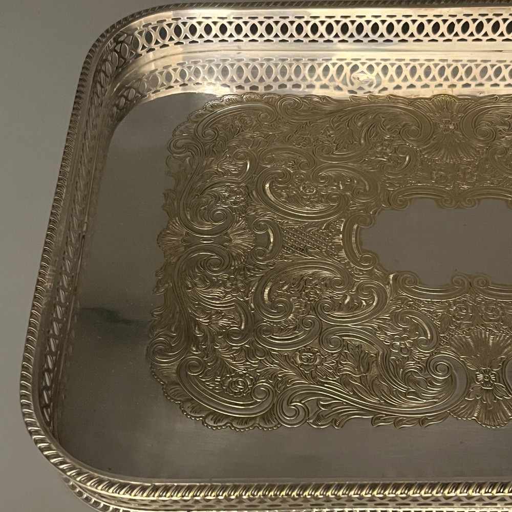 Vintage Silver Plated Gallery Tray Rectangular English Drinks Display on Brass