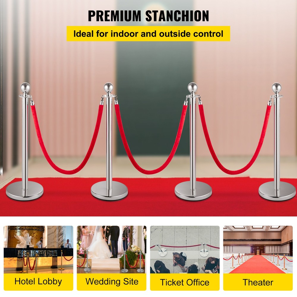 Crowd Control Stanchion Silver 4x37.8" Pack 3 Ropes Queue Posts Stable Red
