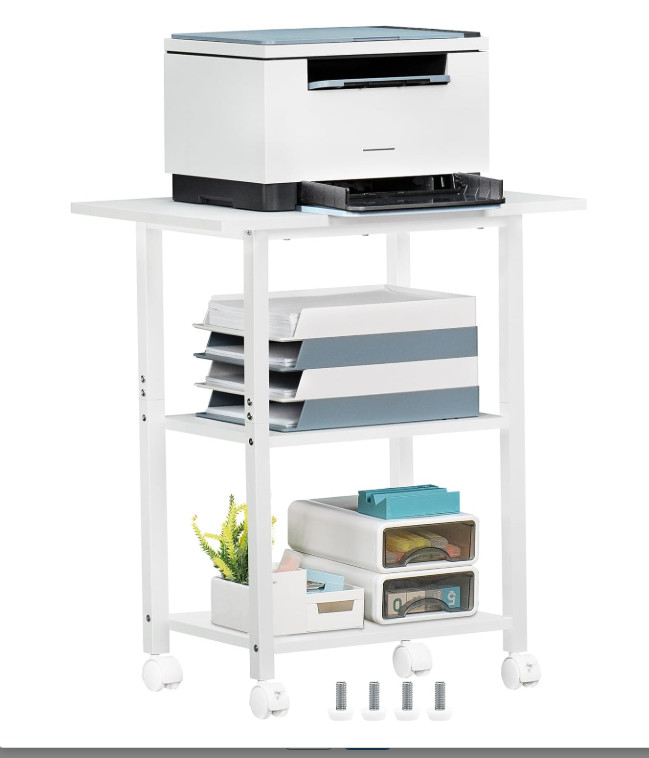 3-Tier Mobile Printer Stand with Storage Shelf & Lockable Wheels, White
