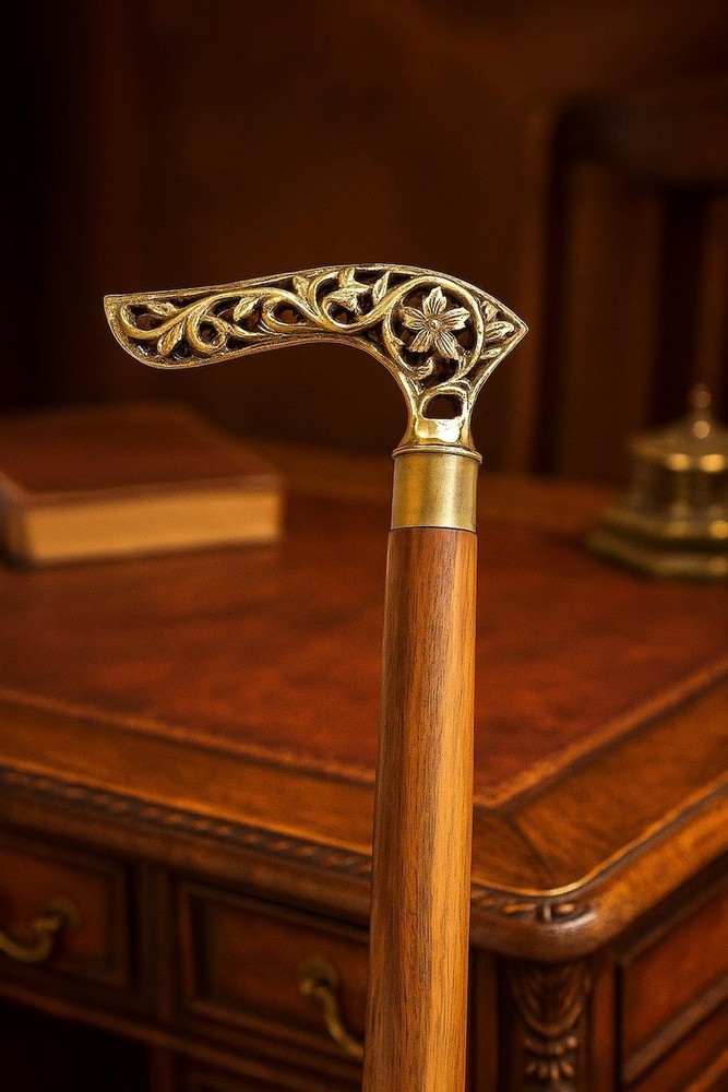 Solid Brass Handle Stick Derby Style Beautiful Hande Walking Cane