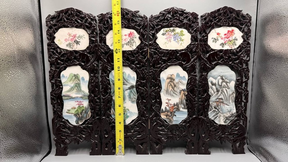 Chinese Four-Panel Folding Table Screen — Hand-Painted Dark Wood