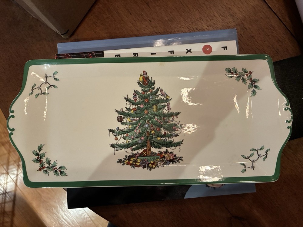 Spode Christmas Tree Rectangle Ceramic Platter White Green Multicolor Holiday